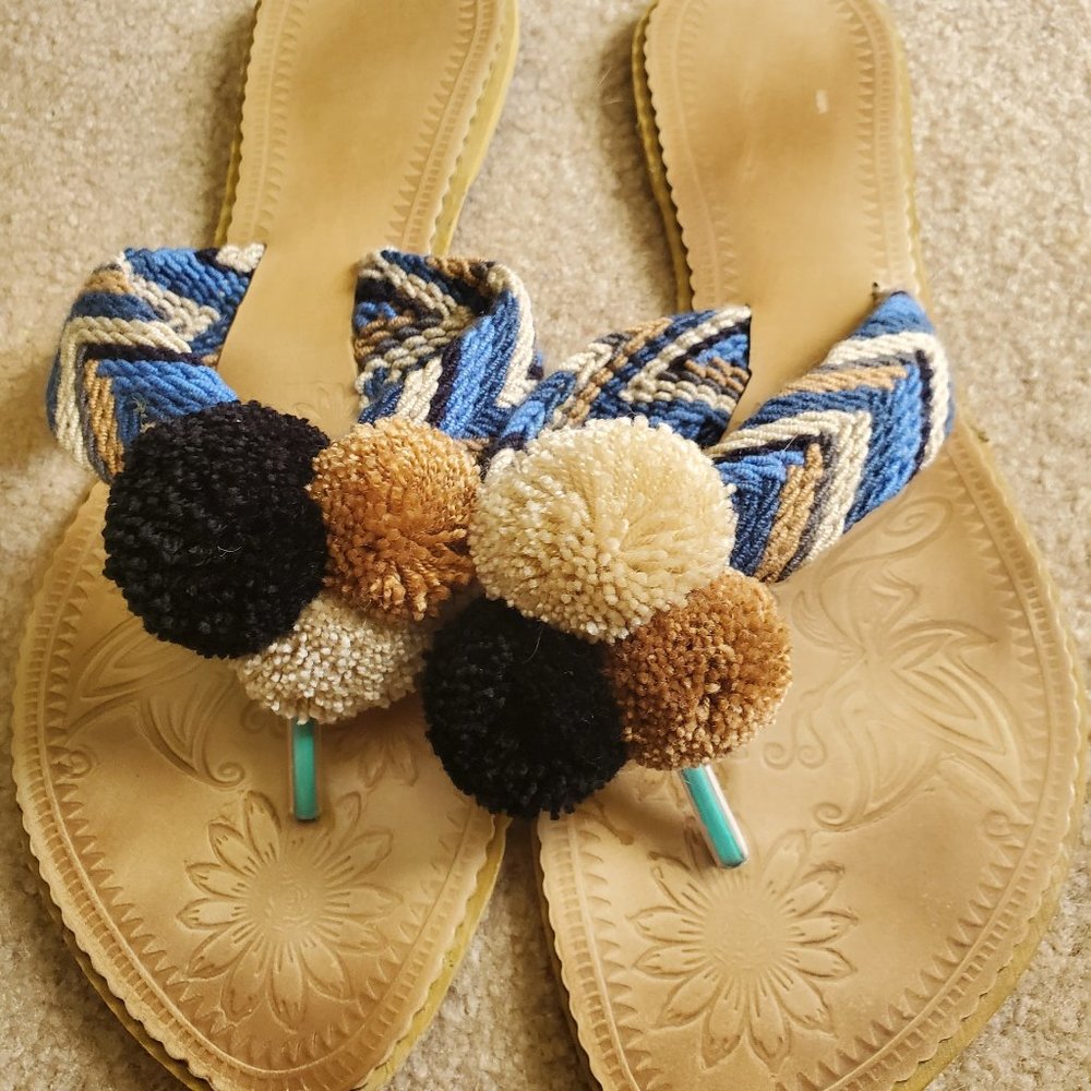 Koko Katico Pom Pom Embroidered Sandals/Flip Flop